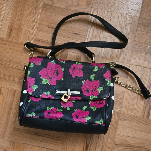 Betsey Johnson Handbags - Floral Black Satchel Handbag with Gold Accent
